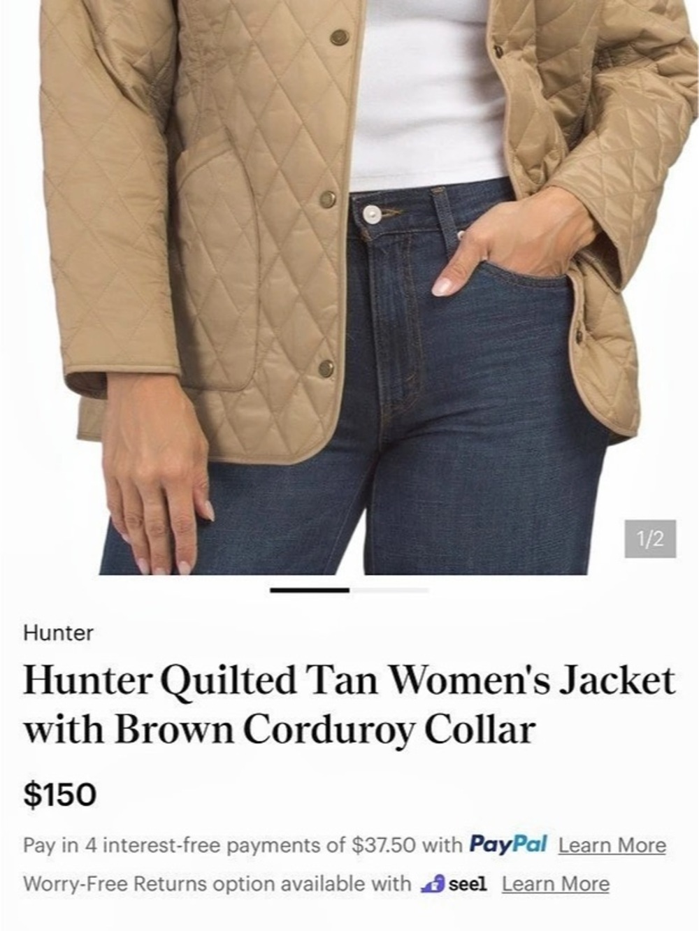 Hunter Quilted Tan Women's Jacket with Brown Corduroy Collar NWT S/P - Picture 4 of 5